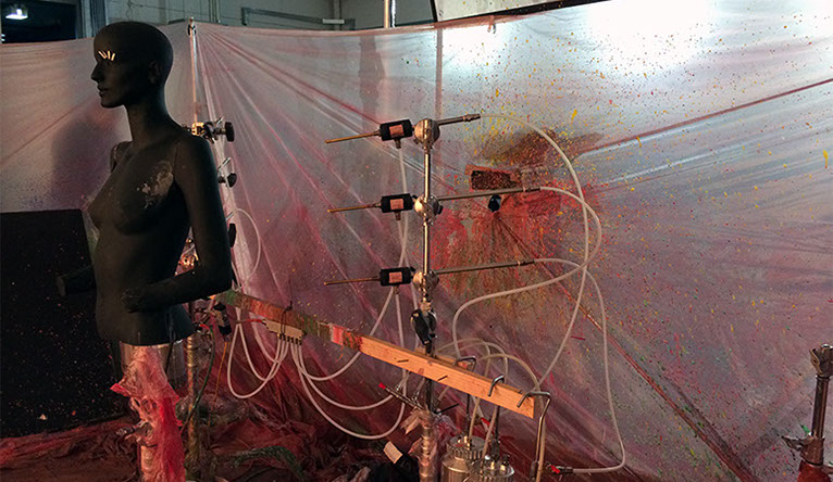 Testing position and effect for a synchronised rainbow effect before the live model steps in. 