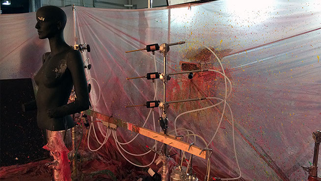 Testing position and effect for a synchronised rainbow effect before the live model steps in. 